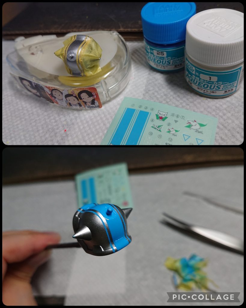 スパイクアーマーのライン部分は同梱のシールで寸法を計り、マスキングテープをチマチマ貼り付けてから塗装しました。曲線部分なので少し苦戦しましたが色味を含めてまぁ、うまくいったかなと思います。パーソナルマークは水転写デカールを使用しました。