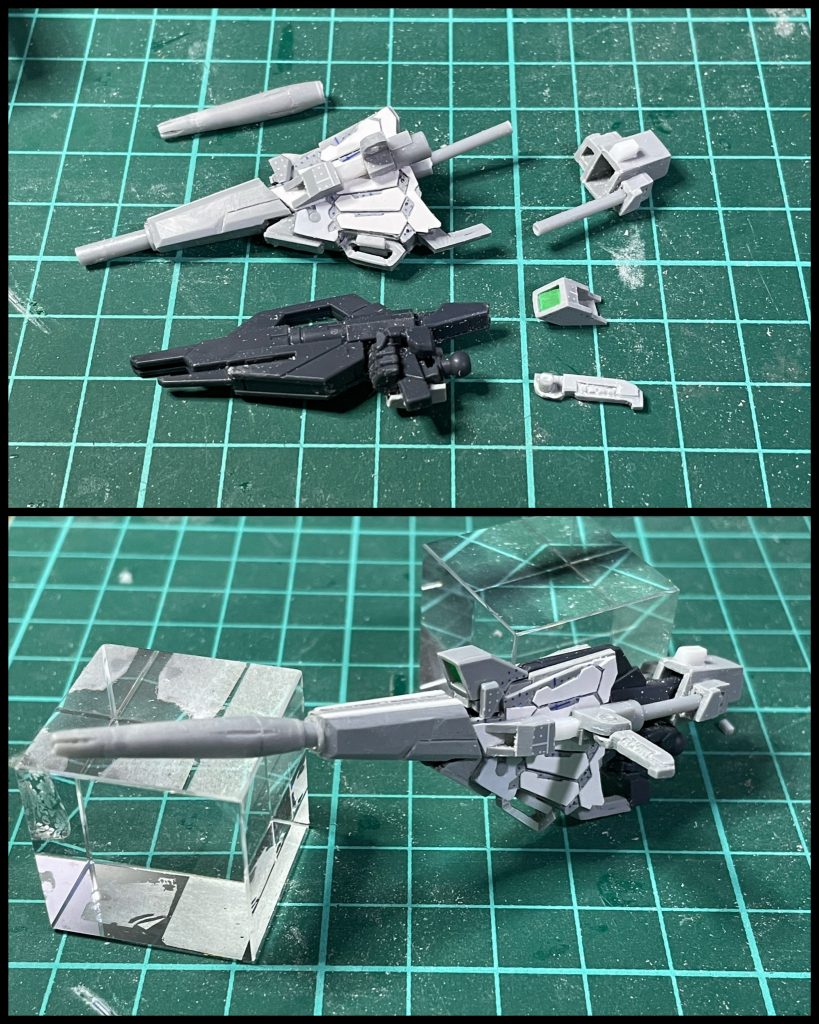 ビームマグナムっぽいのはスクラッチ。SDCSやRGのビームマグナムと見比べながら作りました。コアスプレーガンを内蔵するため、それらより分厚くなってます。センサー部分は蛍光グリーンのランナーをはめ込みました。ビームトンファーのアタッチメントもプラ板スクラッチです。