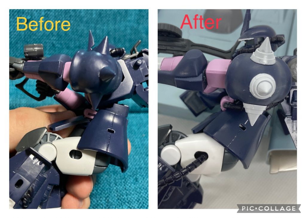 スカートの加工です。サイドアーマーは太ももに追従してスイングするように加工。フロントアーマーは可動軸の位置を動力パイプ基部の裏から、その下に移動。リアアーマーも腰パーツから切り離して、可動式に。前屈しても各パーツがバラけないようになりました。