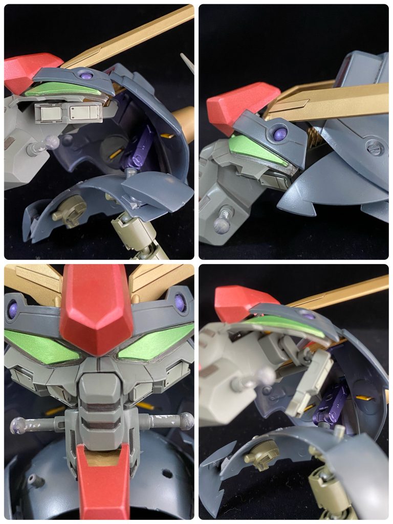 工作個所(顔)ヘッド裏:可動式2重構造に変更=ディテール目隠し(ザクヘッドの余りパーツ利用)、台座取り付け用穴付け、ガンダムヘッド用の穴付け目:形を微妙に変更(より目気味に)口:謎の空洞部にシイタケ(ゴールド)はめ込みほほ裏:可動式のパーツ取り付け、立姿&ガンダムフェイス時でも少し見えるようにしてディテールアップ(空洞間の補い)こめかみ:可動式の装甲取り付け(空洞間の補い)バルカン部分:バルカンじゃないけどぬっぺらの丸だったので穴をあけて立体ボールの半分がでるように埋め込み