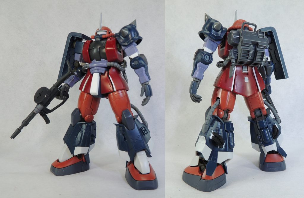 頭部はひさしの下部に0.5㎜プラ板を貼り付けました。二の腕、スカート、フンドシにプラ板を貼り付け、力強く見えるように整形しています。また、モノアイには金属部品とHアイズを使用しました。