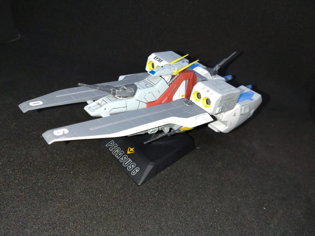 使用したアーガマ級はコチラ。ペガサスⅥです。改修はサナリィのスタッフ、M.イマイ博士という体です。エンジン部のカウンターミノフスキークラフトは技術力アップで付けていないという体です。