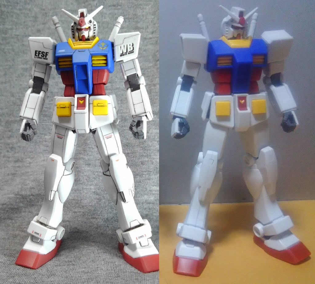 関節は塗ってるけどほぼ素組と比較。スジボリとC面取りをしてますが、プラが柔らかいので戸惑いました。