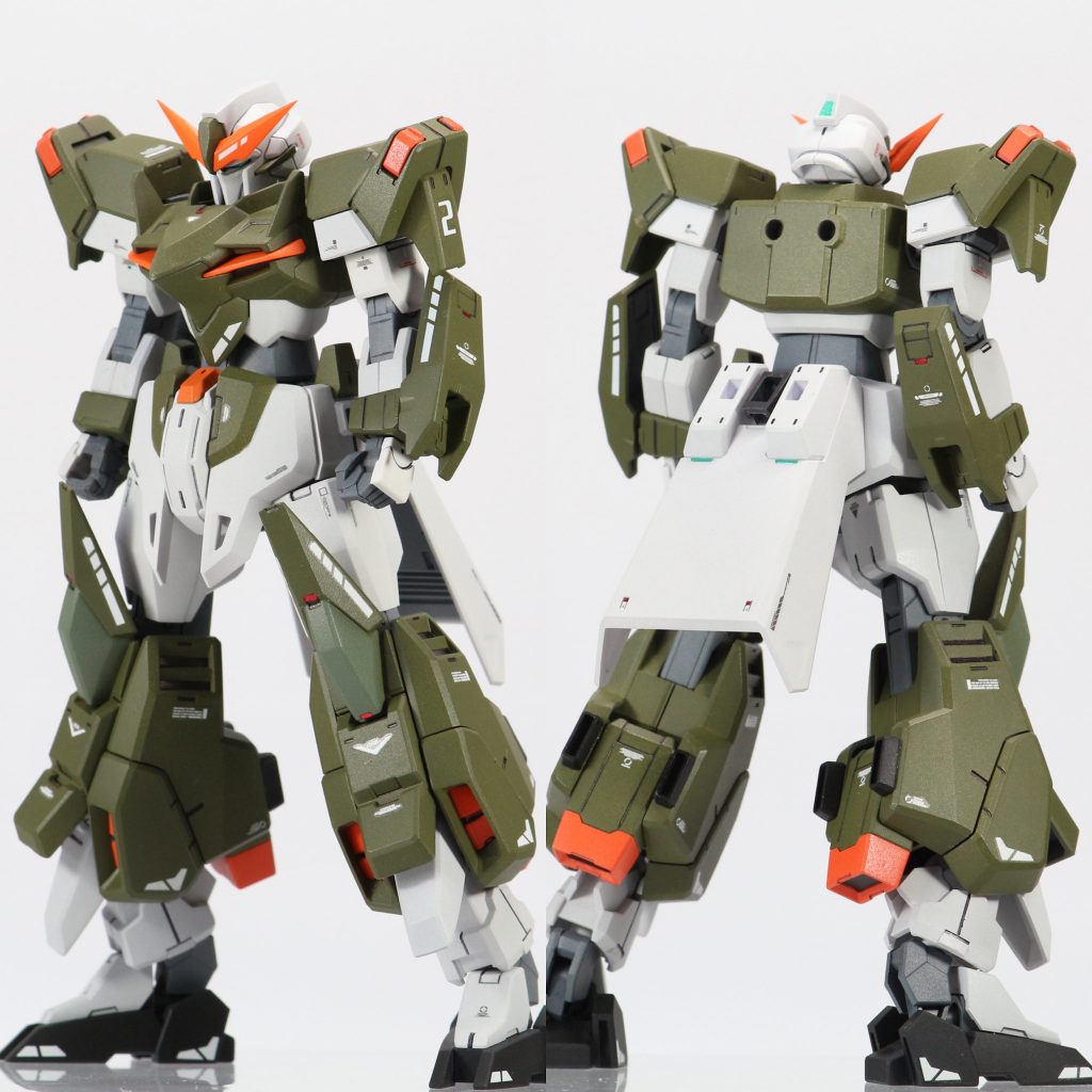 本体です。全体的に四角いシルエットを目指してAGE系のパーツを合わせ製作しました。こちらも武器同様に、メカニックぽさを表現できるようにラピテープを貼っています。またリアスカートにはプラネッツシステムのバックパックを取り付けるパーツを付けることで、自由に着脱できるようにしています。