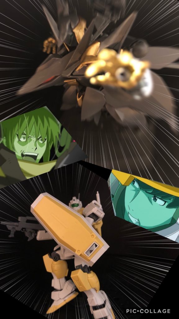 ウルフ「おい！オブライト！まだ無事か！？」オブライト「隊長！」ウルフ「オブライト、コイツらおそらくXラウンダー部隊だ。お前には荷が重い！」オブライト「Xラウンダー部隊！？」ウルフ「ココは俺に任せろ！」オブライト「隊長！Xラウンダー部隊を相手に１対３でやるつもりですか！？無茶です！」ウルフ「馬鹿野郎！だから、お前を守る余裕は無えって言ってんだよ。とにかくお前は奴らとの距離を取れ！」オブライト「わかりました。無茶しないでください、隊長！」ウルフ「ああ、任せろってんだ。」デシル「なんだ加勢か？それとも金色のも逃げてきやがったのか？」ラムサス「デシル様！」デシル「テメエら、２機もいてこの金色のを堕とせねえのか。使えねえ連中だ。」ラムサス「申し訳ございません..！」デシル「まあいい。とっとと金色のをやっちまえ。」ラムサス「ハ！」ウルフ「コレでXラウンダー部隊相手に３対１。なかなか上等じゃねえか！」ラムサス「私に恥をかかせやがって！死ね！」ウルフ「おっと！」タンゲル「この野郎！」ウルフ「まだまだ！」デシル「死ね！」ウルフ「うおお！？今のはヤベエ！」