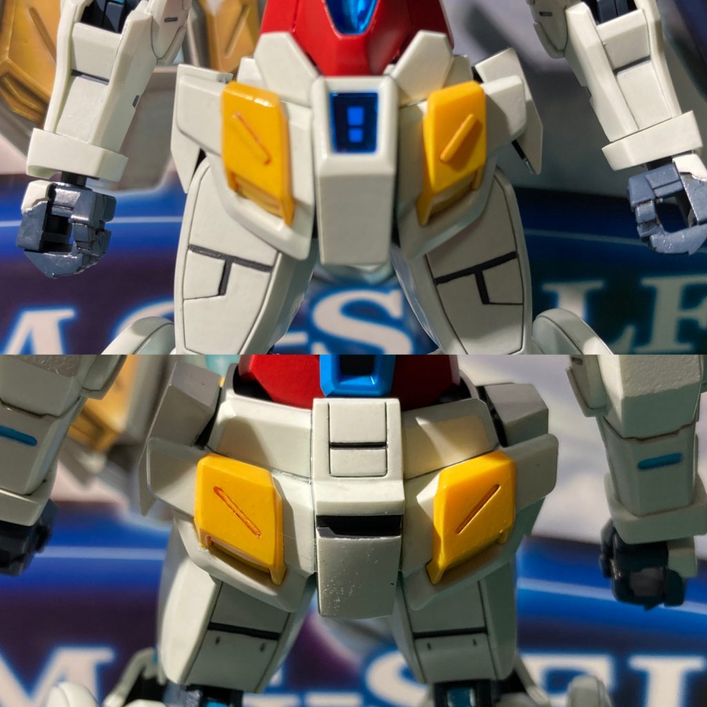 このヘリウムコア（この時代はフォトンバッテリーが動力源なので、ヘリウム使ってるかは謎）は本来凹モールドのところを凸モールドに改修してます。何故ならば、新しく手に入れた金属ヤスリが嬉しくて…平面出しだぜ！とヒャッハーしてたらモールドが取り返しのつかないくらい無くなってて…元通りに掘り直すなんて器用な事は出来ないし、デカールで誤魔化そうかとも思いましたが、しっくり来るデザインのものが無かったので…最終的にランナータグを削り出して凸モールドにしてそれなりな感じになりました。プラ板工作した事なかったので、これはこれで災い転じて福と為したのでしょうか？ちなみに背面は凹モールドのままです笑