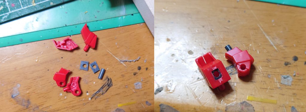 ではここからは改造個所から腕は分割してKPSの端材をカットし埋め込みますKPSはそれ自体が軸受になるのでポリキャップが仕込みにくいとこにも入れやすいですね