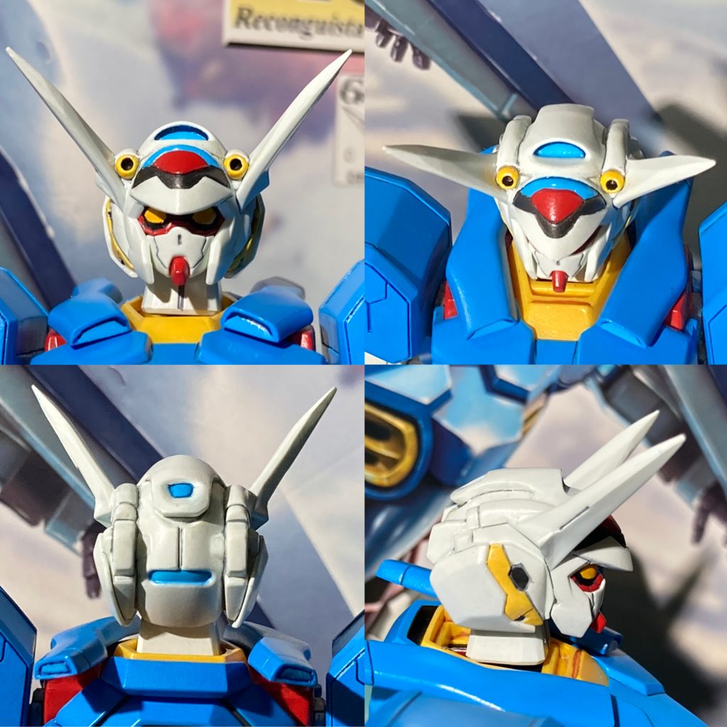 兎みたいな特徴的な頭部。大体頭部はどのキットも細かい仕事が要求されますが、Gセルフも御多分に洩れず。箇条書きで苦労したポイントを挙げます。【想定内の苦労ポイント】・アンテナのシャープ化・カメラアイの塗り分け・バルカンの黄黒塗り分け（ピンバイスで少し深く掘り直してます）【想定外の苦労ポイント】・耳の黒い六角形穴にモールドが無かった・額の青と黒の境界線にモールドが無かった・合わせ目が結構エゲツない出方だった