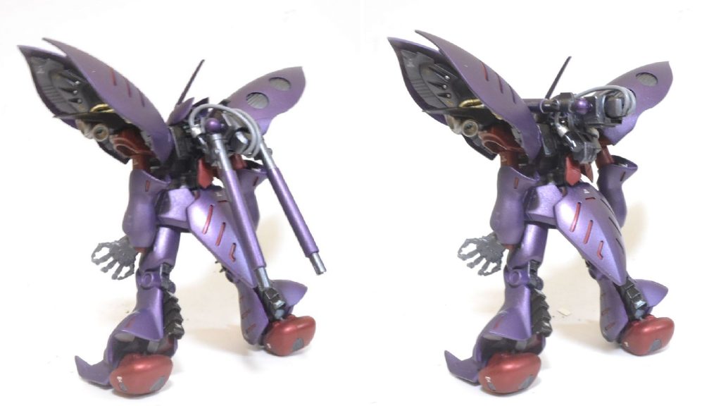 アクティブカノンを正面に構えられるように、バックパックをチルトアップする(持ち上がる)ようにしました。最初から高めの位置にしてしまうと肩まわりがうるさくなってしまうためです。今回のこだわりポイントです。