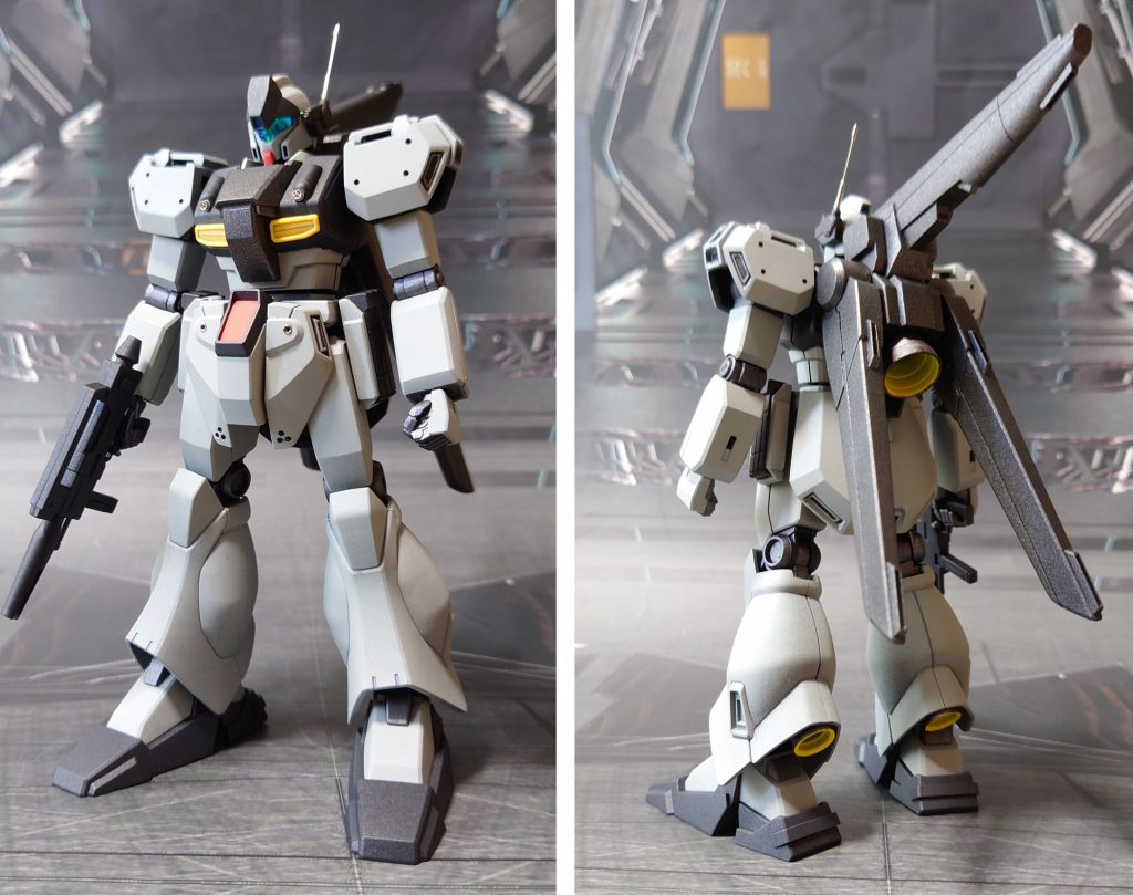 追加装甲を外しての前後ろ。頭部は余剰パーツ扱いのノーマルジェガンのものを使用。手首は次元ビルドナックルズ(角)のMサイズから握り手・平手を用意。更に、HGUCユニコーンガンダムの平手も追加。