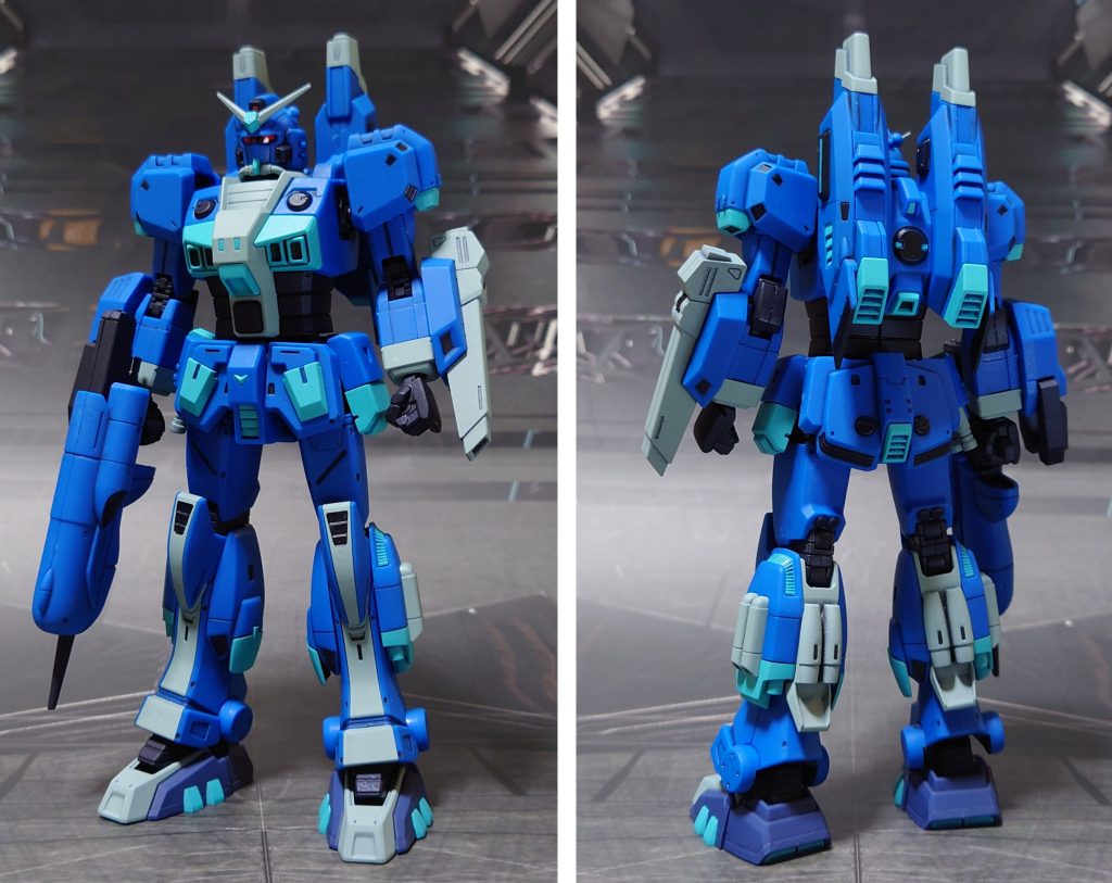 水中型ガンダムの前後ろ。足裏の肉抜き穴埋めを実施、手首に次元ビルドナックルズ(角)のMサイズ平手・握り手、オリジン版ガンダムの平手も追加しました。■塗装レシピ本体青:成型色につや消し薄青:黒サフ→ライトブルー→つや消し水色:黒サフ→コーラルブルー→つや消し関節、武器類:黒サフ→ディープメタリックブルー→つや消しポリキャップ:PPプライマー→黒サフ→ディープメタリックブルー→つや消しその他部分塗装、墨入れ:ガンダムマーカー各種(トップコート前に実施)センサー類:付属シール(トップコート後に貼り付け)