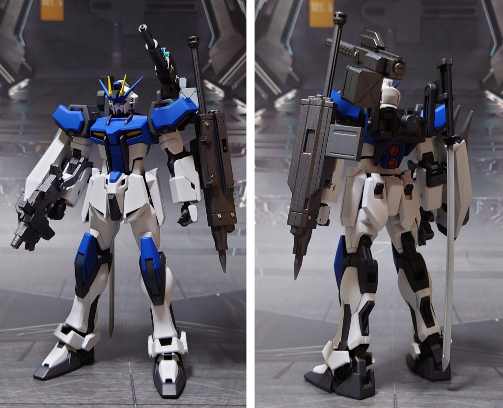 トップ画の装備で前後ろ。手首はビルドハンズ(角)Sサイズ一式に置き換え。装備に関しては、RG版アーマーシュナイダー、HGストライクノワールのパック本体部、システムウェポンキット010、境界戦機シリーズ武器セット、30MMのウェポンセット、他社パーツから用意しました。■塗装レシピ本体・シールド黒、ビームライフル:黒サフ→MSグレー連邦系→つや消し青:黒サフ→キャラクターブルー→つや消し黄:白サフ→イエロー→つや消し背中スラスター:黒サフ→シャインシルバー→メタリックレッド→つや消し手の甲白:白サフ→MSホワイト→つや消しツインアイ:クリアブルー→光沢その他部分塗装、墨入れ:ガンダムマーカー各種(トップコート前に実施)センサー類:市販シール素材(トップコート後に貼り付け)