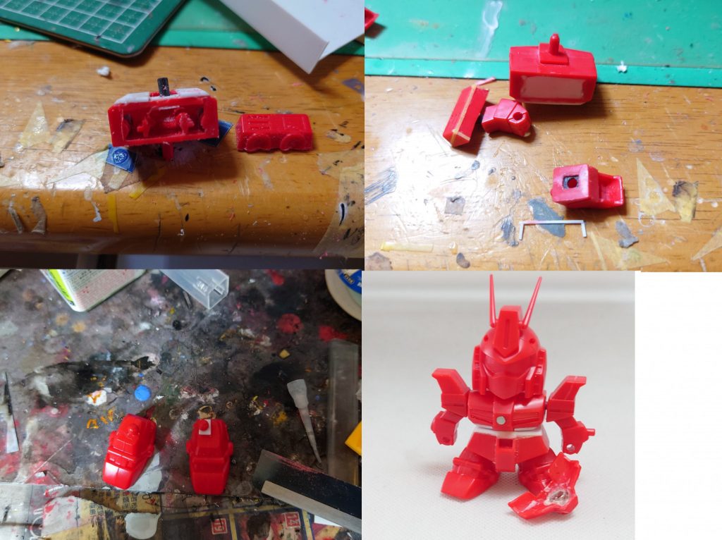 バックパックは切り離しバーニアを削って市販のものに置き換え、空いた穴はプラ板で蓋をします足は軸を切り離し後ろにずらしてありますこうすると足が前に出て可動も広がり見栄えが良くなるそうです(知り合いに教えてもらいました)最後に鎧ですがこれはネオジム磁石で接着できるようにしました 以上が改造内容ですあまり大きくプロポーションは弄らない方向での改造でしたか個人的には大満足です