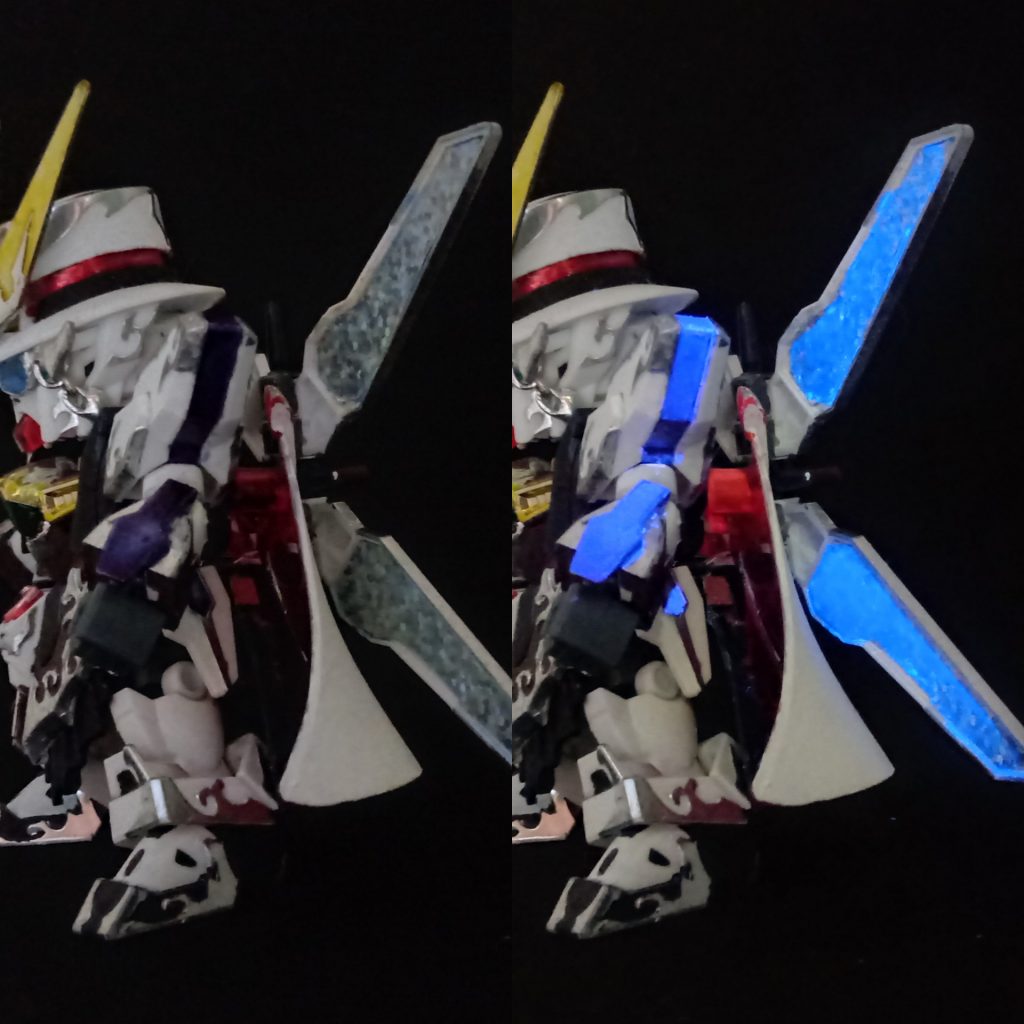 ルナ.リフレクターユニット と腕のパーツ(ブラックライト使用前後)肩、腕、サイドスカートのアーマーはUVレッドとUVブルーを混ぜた濃い紫色で塗装。 通常の光では濃い紫に見えますが、UVライトに当てるとガンダムXと同じ水色になります