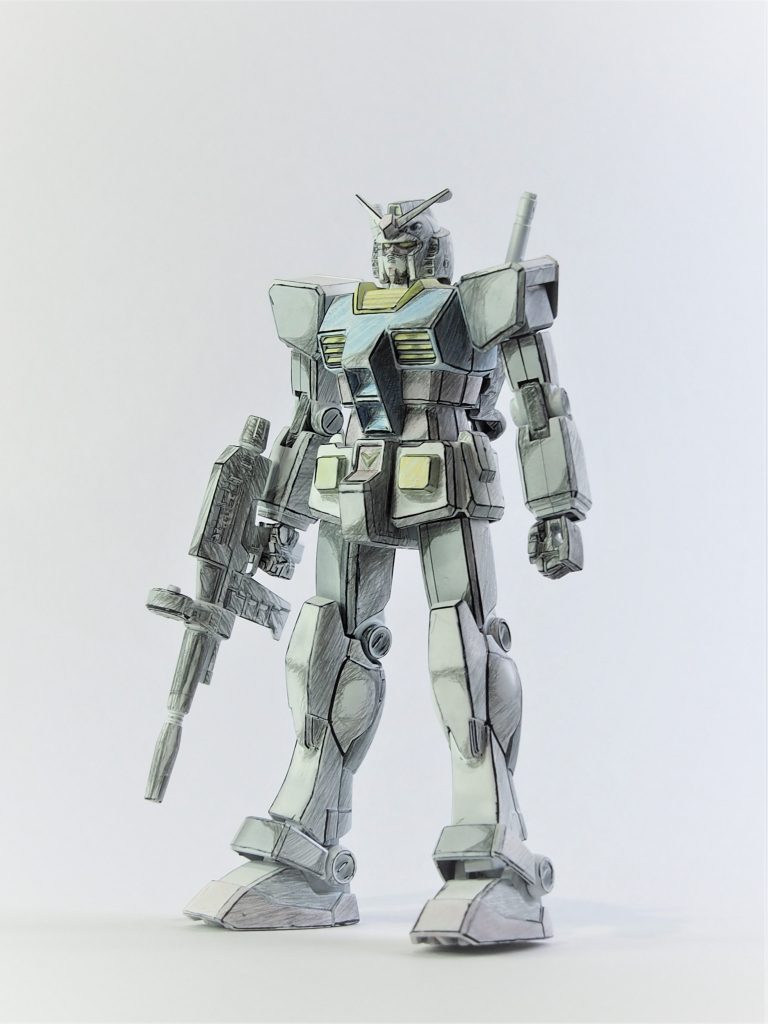 正直、改善点は多々あります……・黒マッキーはみ出しまくり・色鉛筆の色の乗りが悪かった → 色鉛筆が安物だった?サフを500にした方がよかった?でもタダでもらったキットだと失敗しても精神的ダメージは少なくて済むので、気軽にできてよかったです。このキットは最近のガンプラと比べてしまうと可動があまりないので、ポージング等はせず写真も2枚だけです。