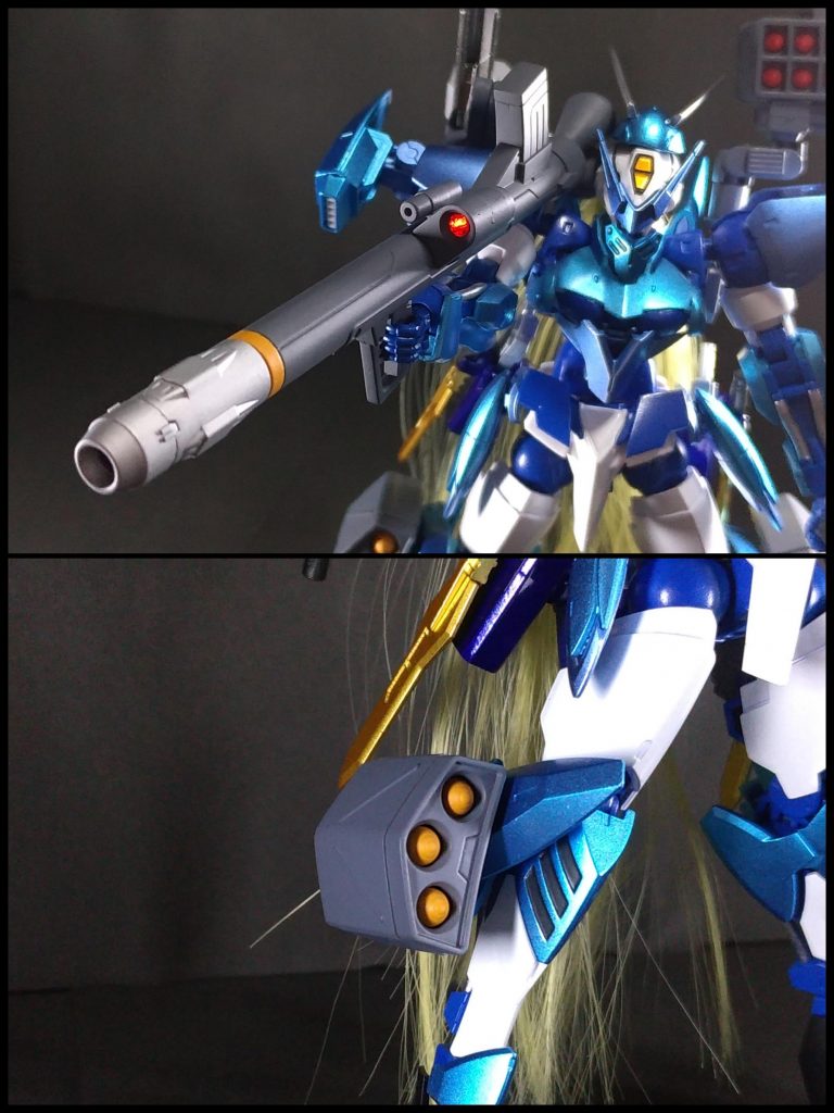 ・M68キャットゥス 500mm 無反動砲&M68パルデュス 3連装短距離誘導弾発射筒ザフト軍のジン等が使用する武装。「HG ジン タイプ インサージェント」から拝借したキャットゥスとパルデュスです。キャットゥスは合わせ目を消し、砲口を開口。センサーをクリアレッドのランナーで作ったレンズに交換しました。裏側は塞いでいないので後ろから照明を当てると発光しているように見えます。パルデュスは接続軸を長方形から3mm軸に変える加工をしました。