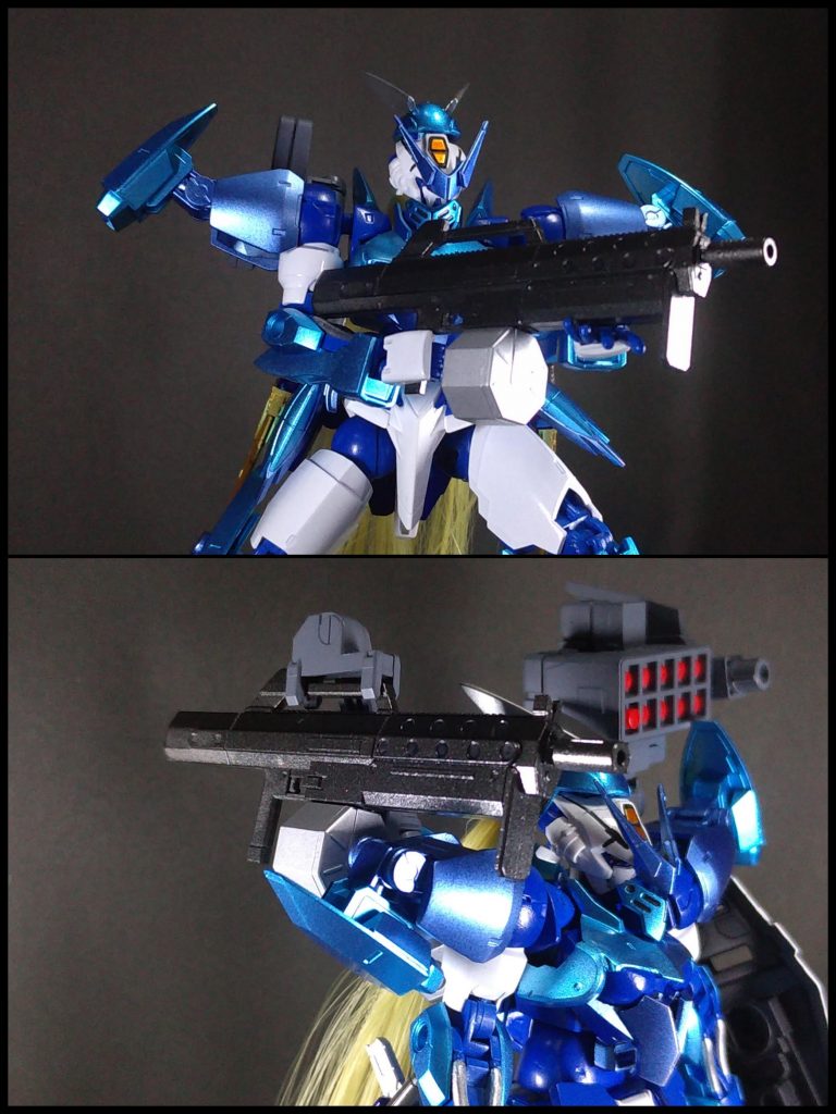 ・120mm 携行機関砲右背部に懸架されたマシンガン。高威力な反面、反動が大きいため精度の高い射撃はできず、弾幕を張るのに適している。懸架アームに取り付けた状態でも射撃が可能で、射角が制限されるが命中精度は上がる。境界戦機のウェポンセットの60mm携行機関砲です。銃床のデザインが腕に干渉して綺麗に構えられないのでモールドに沿って切断、プラ板で断面を塞ぎ、形を整えました。1/72スケールのキットなので1/144スケールに合わせて口径を2倍の120mmに設定しました。