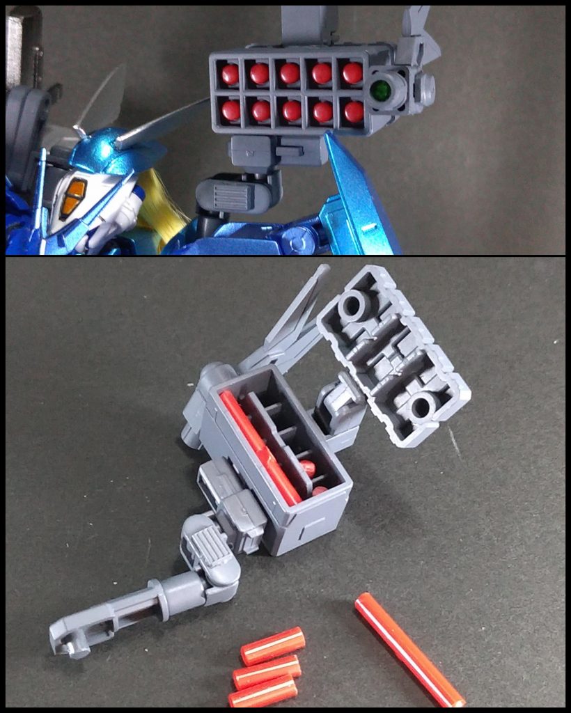 ・10連装ミサイルポッド長射程のミサイルを搭載したミサイルポッド。専用の高感度センサーが搭載されているため精密な爆撃が可能。ボールデンアームアームズのミサイルポッドをベースに30MMやM.S.G.のジョイントパーツで製作しました。ミサイルは赤色のランナーを10mmくらいに切り、表側は600番~1000番のヤスリで整え、100均の爪磨きで仕上げています。反対側は同じ長さになるようにヤスリがけして調整しました。長さは9.6mmで作りました。背面の蓋はパワードアームズパワーダーのジョイントパーツで開閉できるようにしました。ミサイルが凸凹にならないように適当な長さに切ったランナーをストッパーにしています。