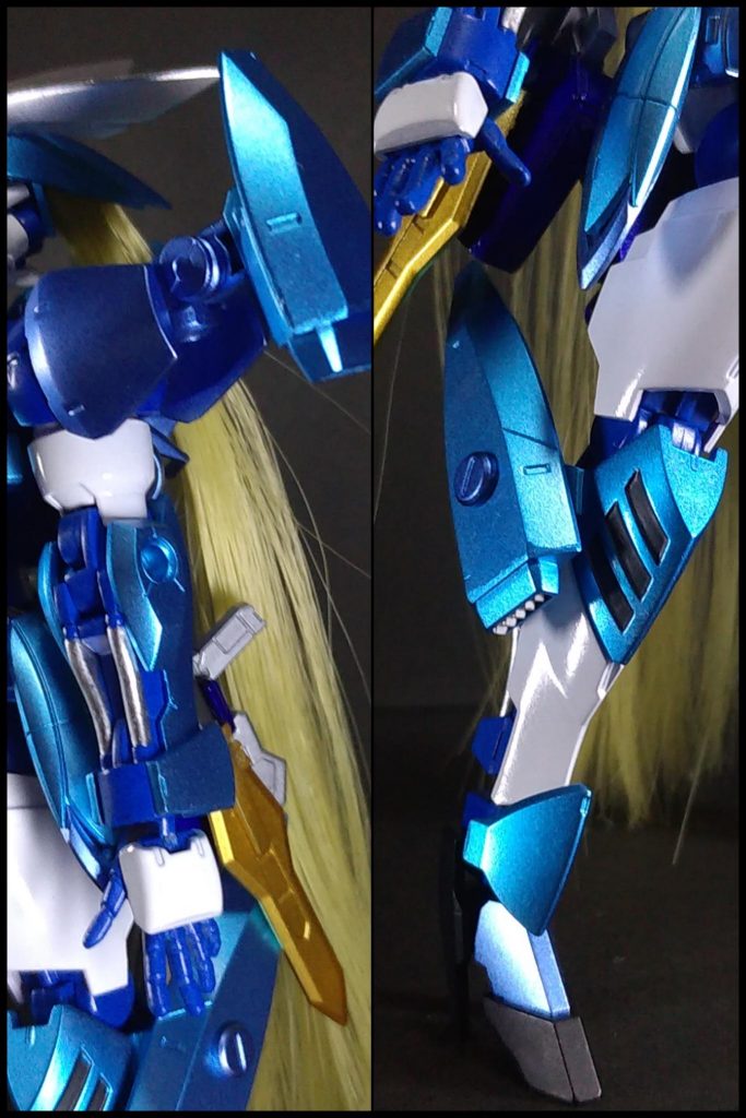 腕と脚はほぼジークルーネです。肩はアストレイの物にレギンレイズの肩装甲を干渉部分を削り、かぶせています。さらにグレイズアインの足首の装甲パーツをかぶせています。内側の丸みがレギンレイズの肩パーツの丸みと同じだったのでシンデレラフィットしてくれました(≧ω≦)bM.S.G.のジョイントパーツでレギンレイズの肩に接続しています。肩とヒザのスラスターはジークルーネの太もものスラスターをモールドにそって切断。断面をプラ板で塞いで、ビルダーズパーツのMSスラスターを接着して製作しました。手はHGBCビルドハンズ丸型 Sサイズを使いました。