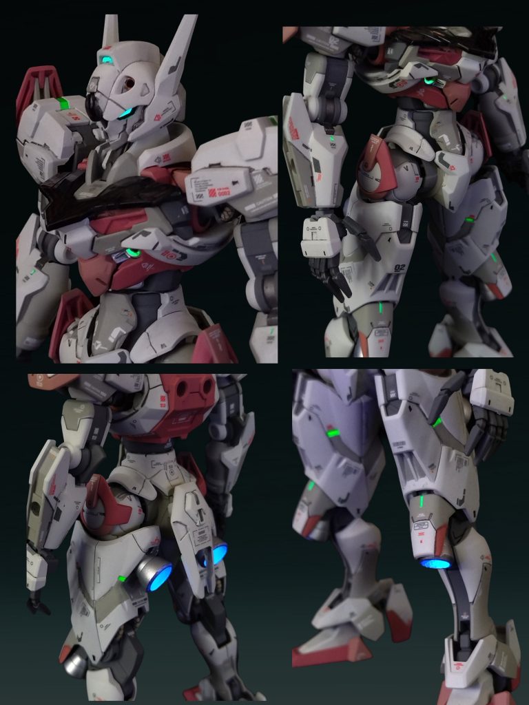 各部のアップ。唯一いじったのが、目上部のバイザー部分。プラバンを貼り付けて削り込み形状変更。ツリ目に見えるようにして、精悍な印象になるのを狙っています👀