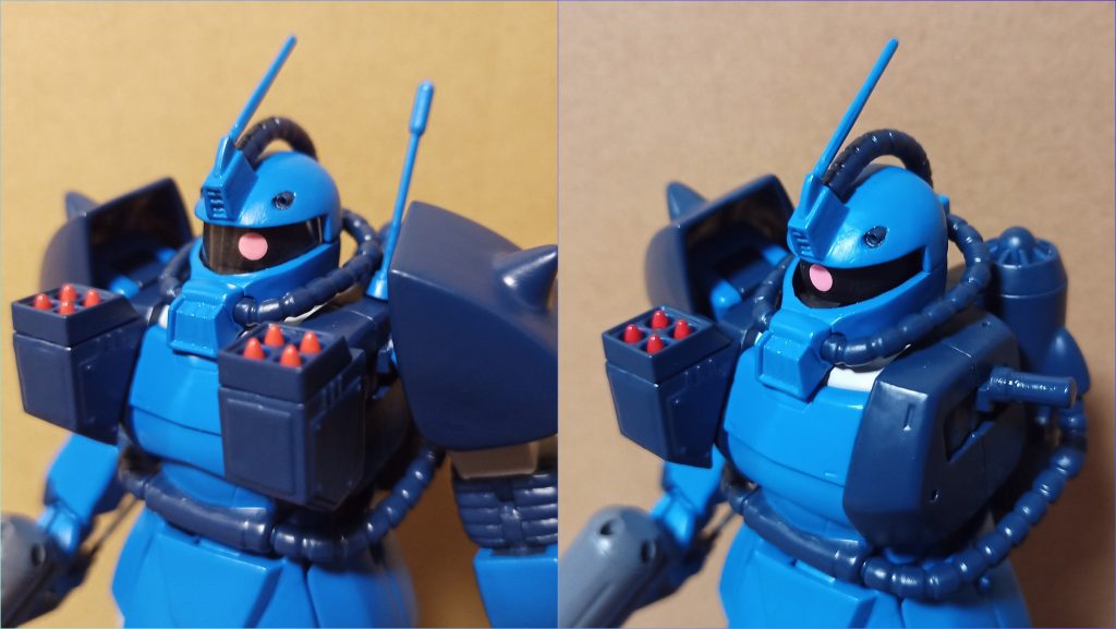 頭部はザクⅡのものを水中用ザクの特徴的なブサ…流線型っぽい顔を表現するためヒサシを裏打ちしつつ削り、モノアイレール下側を削りでそれっぽくロケットポッドの接続はこれまたロボット魂の方法を参考に本体横に穴空けて真鍮線で着脱可に(アンテナも同様)あと水中用MSのキットといえばPET樹脂のモノアイガード！と思いペットボトルをチョキチョキ工作して付けてみました(^^)おまけのつもりでしたがなんか気に入ったのでこのザクは付けた状態をスタンダードとする事にしました(о´∀`о)