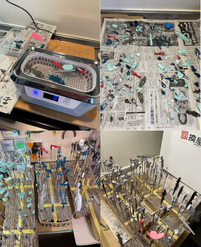 超音波洗浄 → 乾燥 → 串刺し → サフ