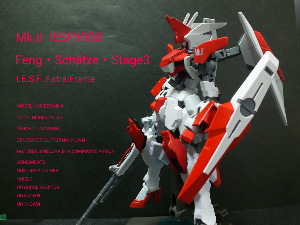 ガンプラの説明書表紙を意識して。バスターランチャーを撃っては逃げ、撃っては逃げを繰り返す騎体です。実際めちゃんこ強いです。そういう設定。ガンダムフレームは脚と腹と腕と首が短いので、それぞれ延長しています。