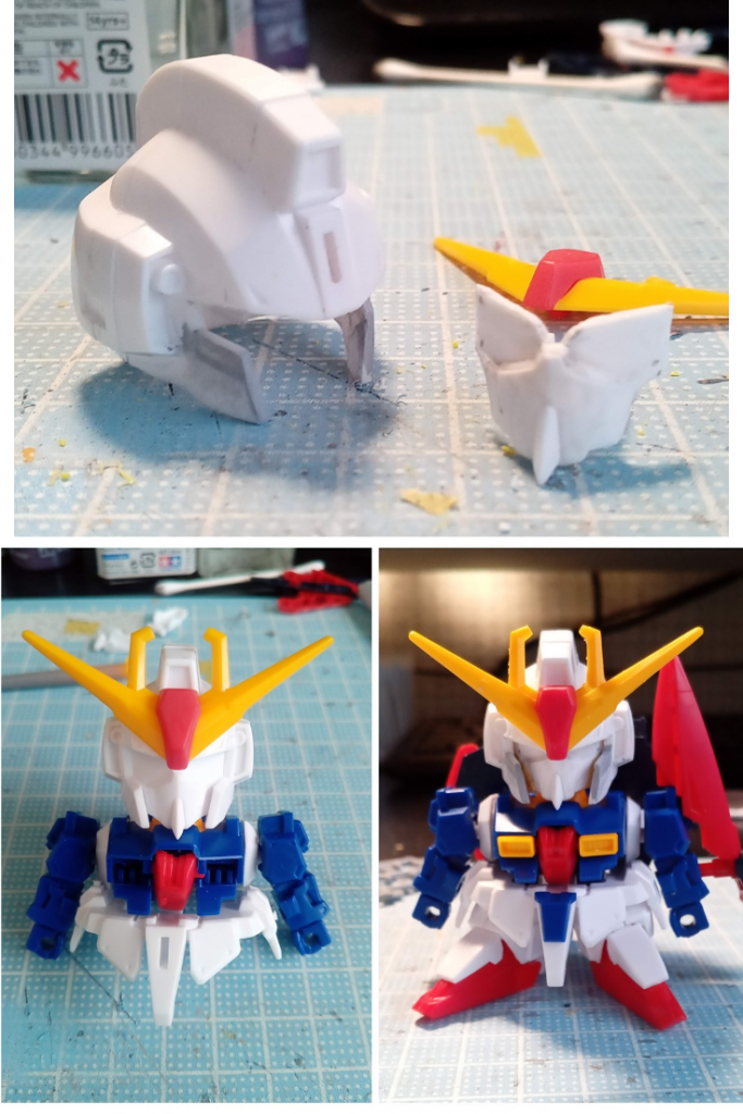 今回は頭部だけ手を加えました。フェイス部分にもう少しカッコよさがほしくて、分割して、目上、顎下をカット。それにあわせてヘルメットの頬部分を2㎜ぐらい追加、下カット。