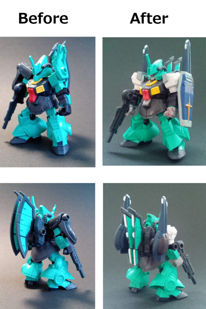 肩のアーマーは、同シリーズのステイメンから拝借し、プラバンでディテール追加で似せる。頭部、フェイスは削って、モノアイはシルバーで塗ったあとに、赤のUVレジンをのせる。首前のアーマー、コクピットハッチ下、も削る。股間のアーマーにもプラバンでディテール追加。頭部のセンサーは、ラピーテープです。