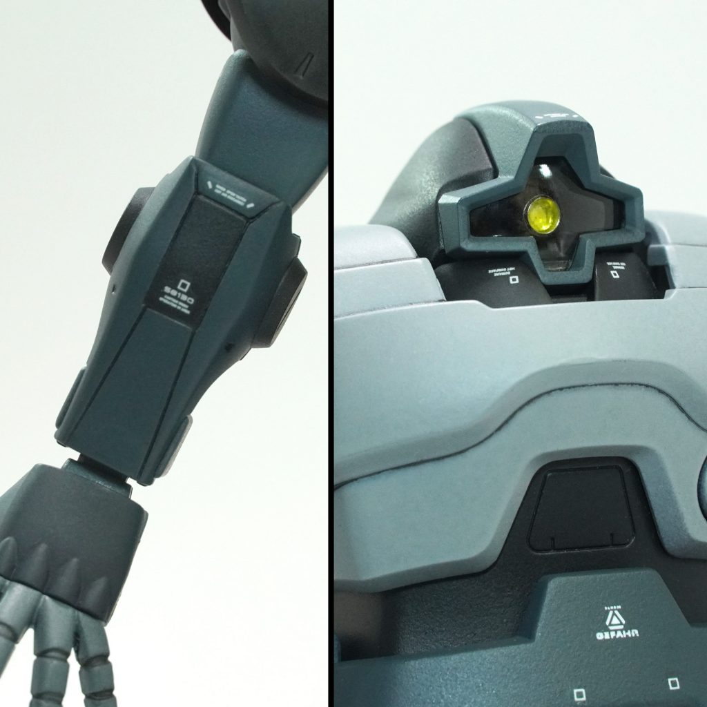 モノアイは別売りのメタルパーツとクリアパーツを使用しましたが、クオリティがかなりアップしたと思います。手や足にスジボリを追加しました。　足は曲面加工でしたので、ラインが歪んでしまって予想以上に難しかったです。　しかし良い勉強なりました。（足アップの画像はお見せするのが恥ずかしいので無しでお許しください）