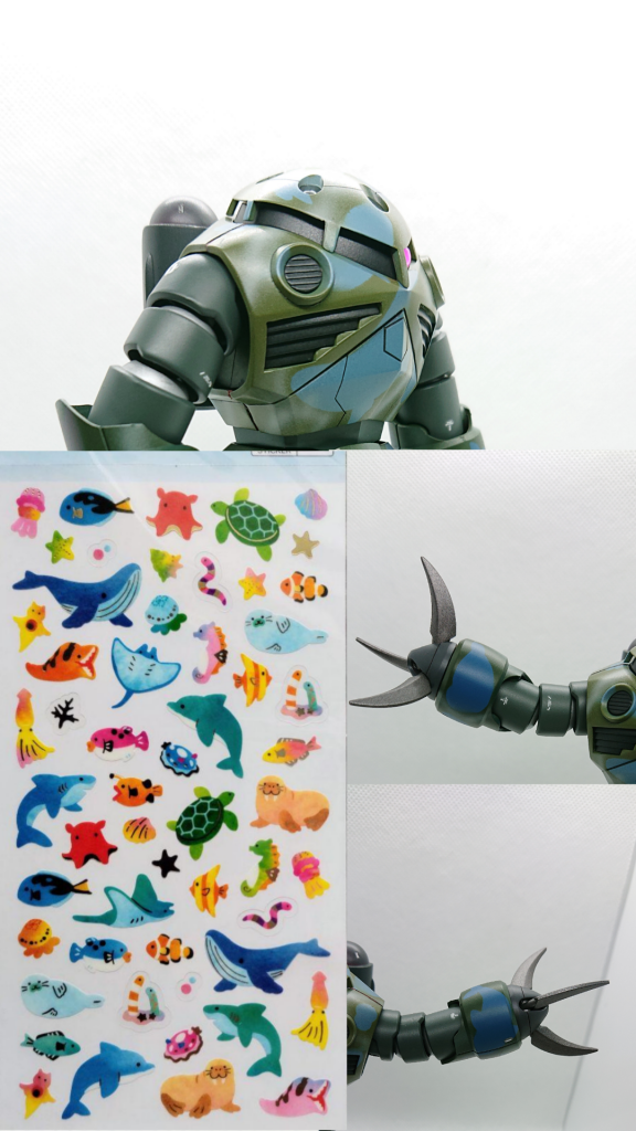 どうせ造るなら、この思い出をキットに込めようと、ダイソーで海の生き物シールで迷彩柄にしようと思い付きました。一応左右の腕にはサメがいます。