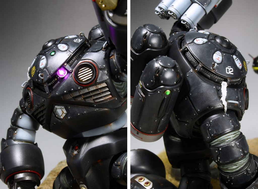 現用潜水艦のイメージで、黒系のカラーリング。全身に吸音タイルらしきモールドを貼り付けました。固定ボルトのモールドは虫ピンの頭を挿して表現していますモノアイレールに1/700艦船の梯子のエッチングパーツを試してみましたが、上手く行ったかな。