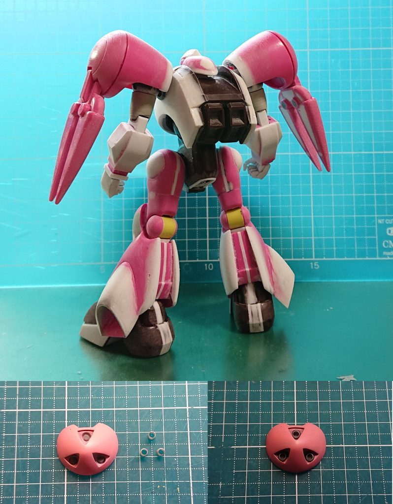 初期のバランス確認状態。特に胴体の幅増し具合が今回のポイント。ライン合わせした胸部のパーツ。砲口の位置もずらすついでに別パーツ化しています