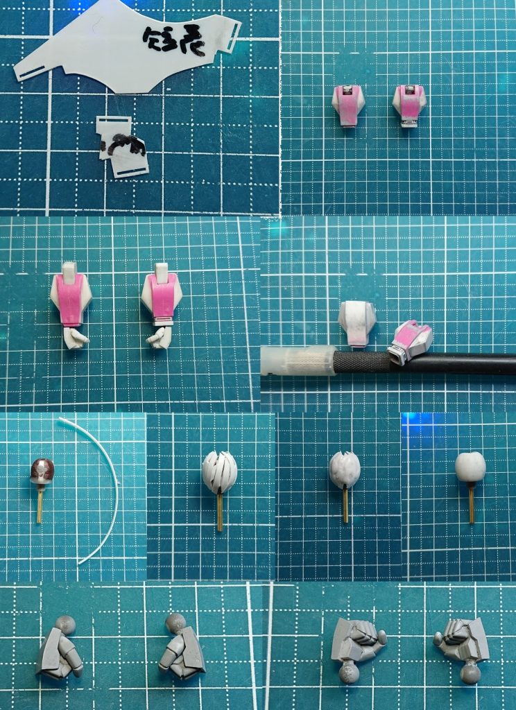 腕部途中状態。シールド発生器を仕込むも4面ではあまりに不自然だったので8面に変更。肩の球体に0.5mmプラ板を巻いて大型化。握り拳をプラ板から削り出し。