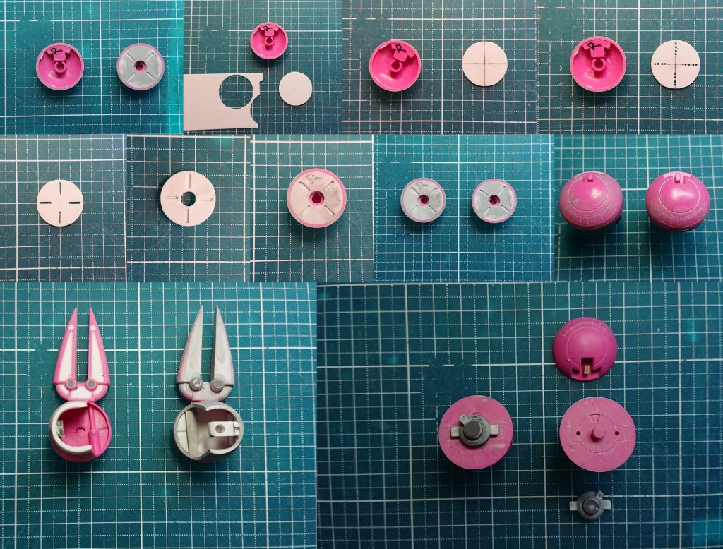 肩アーマー途中状態。側面の四角モールドをキットの8連から6連に変えて設定画に寄せたのがポイント。アーマー淵を均一に調整して見栄えを良く。ハサミも色分けを兼ねて0.5mmプラ板で厚みを整えています。クロー射出展示用の差し替え部を製作。