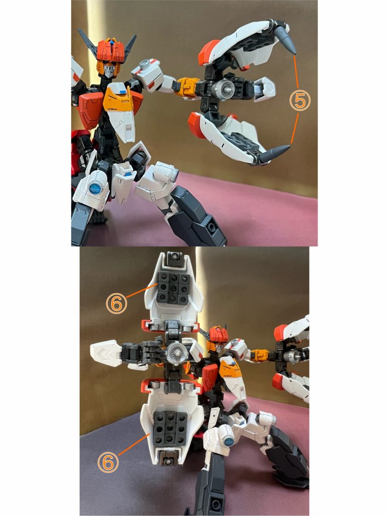 ⑤ブラットクロー(クロウ刃取り付け)装甲に収納されている近接戦闘用クロウ。打突、敵を捕獲して破断するなどの攻撃が可能、またクロウが引っかかってしまった際はクロウ部分を分離することが可能です。⑥ナパームパレード (差し替えなし)装甲の裏側に装備されているナパーム弾。一つの装甲に9発、合計36発を斉射することができます。