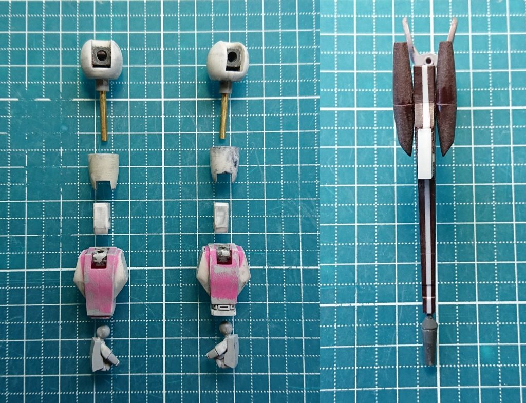 腕部構成。ライフルはキットだと薄いので幅増し。側面のポッドもこの後肉付けしてます。