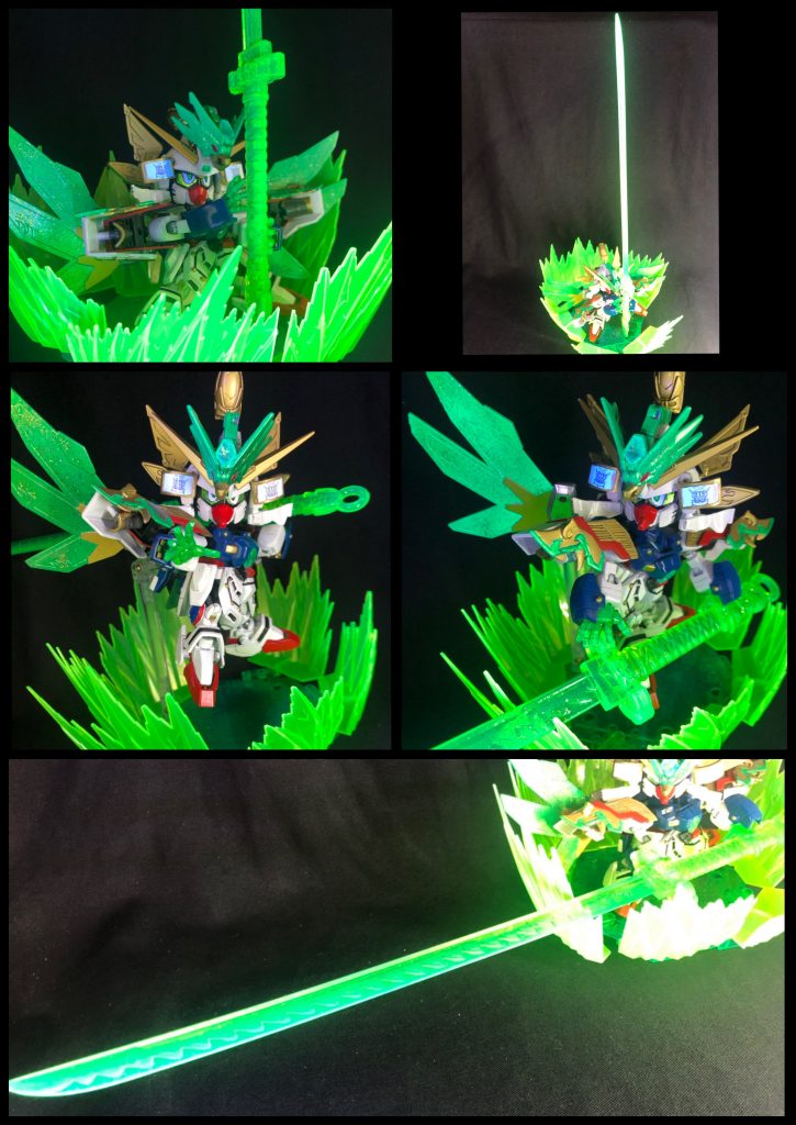 [閃光掌・斬之型：真打・極・光・斬](せんこうしょう・ざんのかた：しんうち・きょっこうざん)閃光鳥之型での光の闘気を最大限使い、閃光掌・斬之型を超大出力で発動させた真の奥義。超巨大な光の刀を発現させ、眩い輝きを放ちながら敵を一刀両断する。材料は100均で見つけた鞘付きの刀の玩具です。成形色がクリアグリーンだったので、必殺技に使ったら面白そう！と思い採用。ただやはりガンプラに持たせるには重過ぎたので、撮影がめちゃくちゃ大変でした(;´д｀)