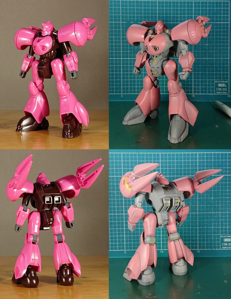 素組み比較。サフを剥がしてないので工作箇所が分かりずらいですが、完成直前となると捨てサフ状態しか残ってませんでした。