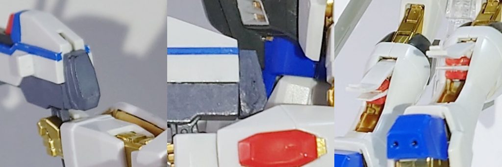 ライフルの後部パーツが右は回転軸受の穴が貫通し、左はもろ肉抜きがあったためそれぞれ埋めました。ふくらはぎ内部のスラスターも肉抜きが酷かったのでライフル同様埋めました。つま先とドラグーンにも肉抜きはありますが成型色そっくりの塗料はない上に作れそうにもないので断念しました。