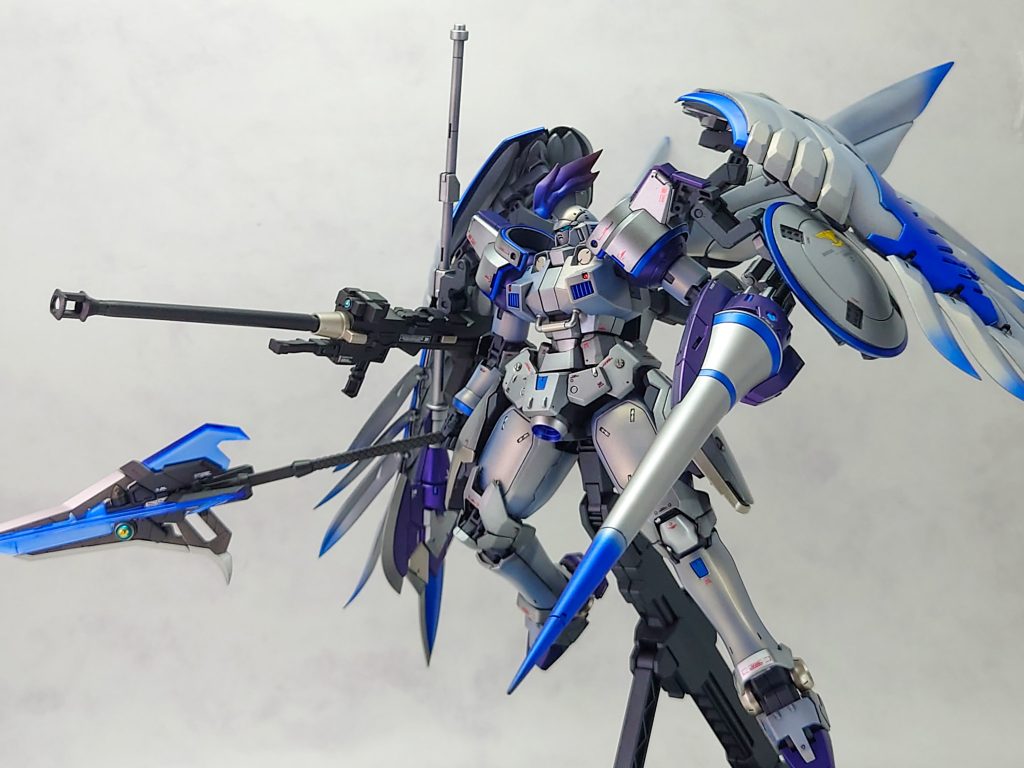 今回のカラーレシピについて・本体シルバー(1)…EXシルバー・本体シルバー(2)…EXシルバー→ラスキウス・クリアーホワイト・ブルー…パールウルトラマリンブルー・パープル…マーズダークブルー→アメジストパープル・ゴールド…EXシルバー+EXゴールド(2：1程度)・ドーバーガン等…ヘキサフレームガンメタル・武器類シルバー…スターブライトジュラルミン・フレーム…メカサフ・ヘヴィ