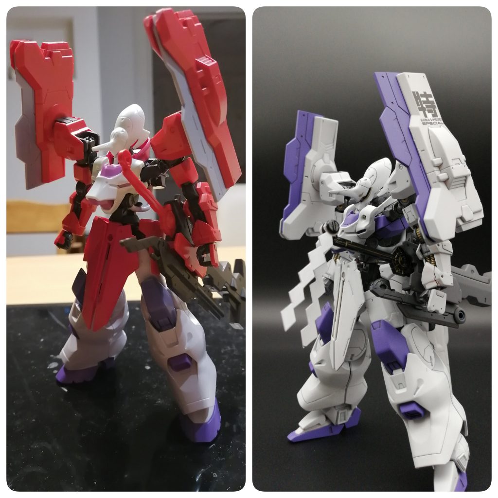 使用キットはガンダムアスタロトオリジン、ガンダムキマリス、グリムゲルデ、Gルシファー。足先だけジャンクパーツ。工作の方はお手軽ミキシングなので、難しいことはしていません。鉄血系のキットはある程度規格が同じなので、無改造でバシバシミキシングできました！素晴らしい！また今回は脳内設定が止まらなかったので、文章は暇な人だけ読んでください・・・笑＝＝＝＝＝＝＝＝＝＝＝＝＝＝＝＝＝＝財団B「いや～プレゼンよかったよ監督！この調子で子どもに受けそうなロボットじゃんじゃん出してね～♪」監督「ありがとうございます！この番組は愉快な仲間たちとご近所の平和を守る日曜朝7：30放送のアニメですから！じゃんじゃんプラモ売りましょう！」二人「ガハハハハハハ！！！」・・・・・・。監督「よし、帰ったな」スタッフ「どしたんすか、監督～？」監督「これよりこの企画の真の意図を説明する！」スタッフ「は？」