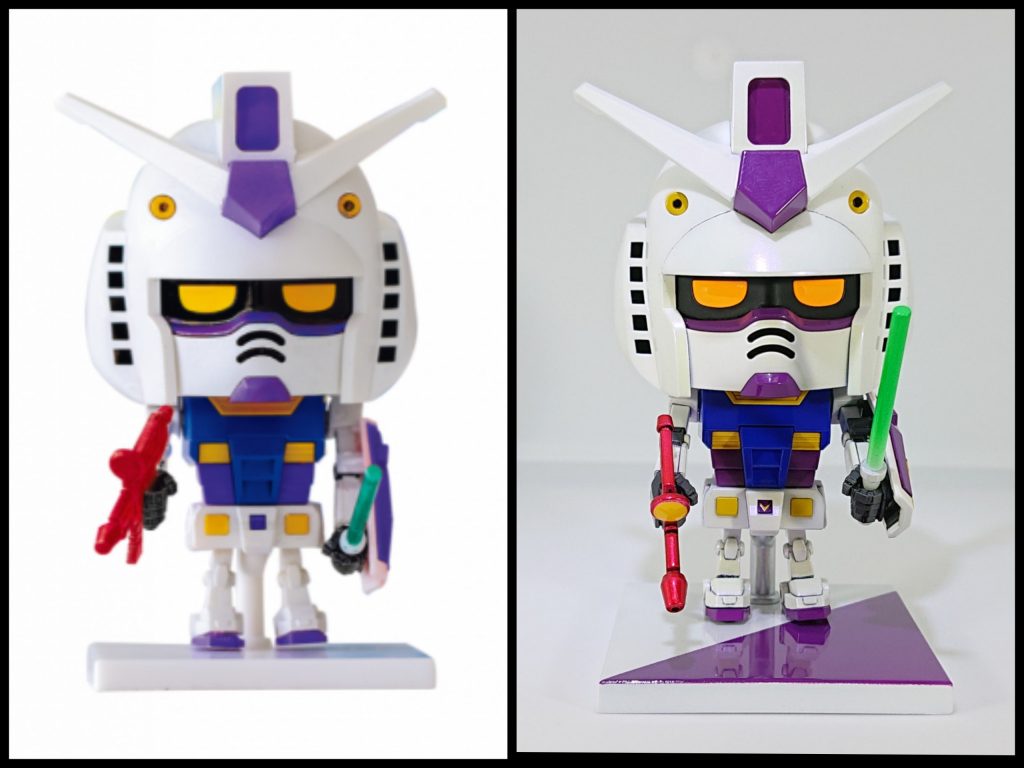 雑誌に掲載されている作品との比較です。白色の違い、紫色の色合いの違い、ふんどしのV字の塗り分け、ライフルのセンサー塗り分けが主な違いです。白色はアメジストパープルを塗装した事により、若干緑色がかっています。(TVカラーぽい)あっ台座のデザインこだわりポイントです👍最後に、量産型リコ最高に面白かったです😍 