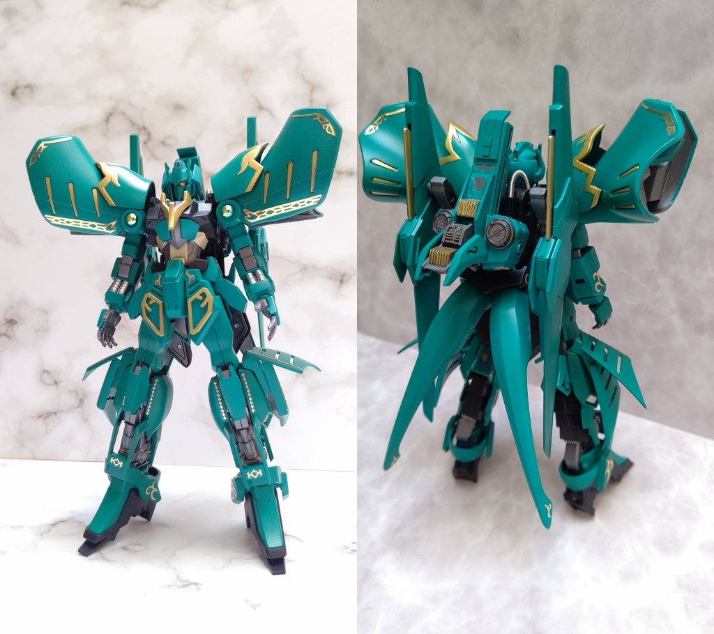 　バインダー、脚部、肩、各部に追加装備を付けた状態。。一気にシルエットが変わりましたかね。。　ミネバの強い意志により武装は搭載されていない。。それ以前に専用MS自体快く思っておらず、防御面のプランにも『要りません、バナージに守らせます』と言って取りつく島もなかったという噂がある。。