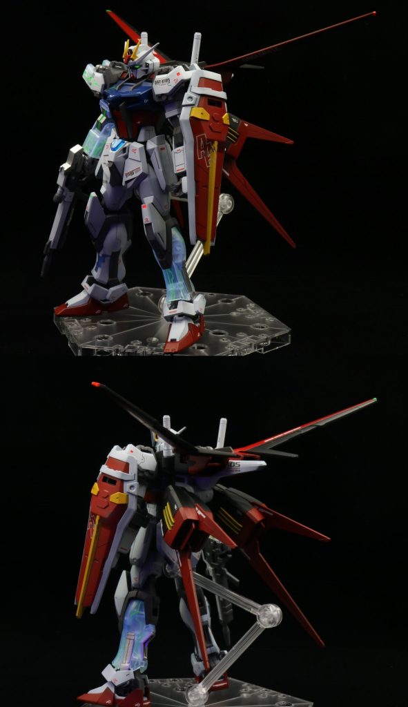 ジオラマの雰囲気に負けないよう、ストライク本体も気合を入れてディテールアップしました！・各部スジボリ・つま先や翼端灯に小さいモールド掘り込み・頭部やエールパックの接着しなかった部分に段落ちモールド・プラ板でフロント/サイドスカートの形状変更・胸部〜腹部と脛のフレームの形状変更・RGインパルスや1/100 SEED汎用デカール、HJデカールなどを組み合わせて使用※RGストライクのデカールは入手できず・足裏など各部の肉抜きをパテで埋め立て・黒立ち上げ、つや消しトップコート