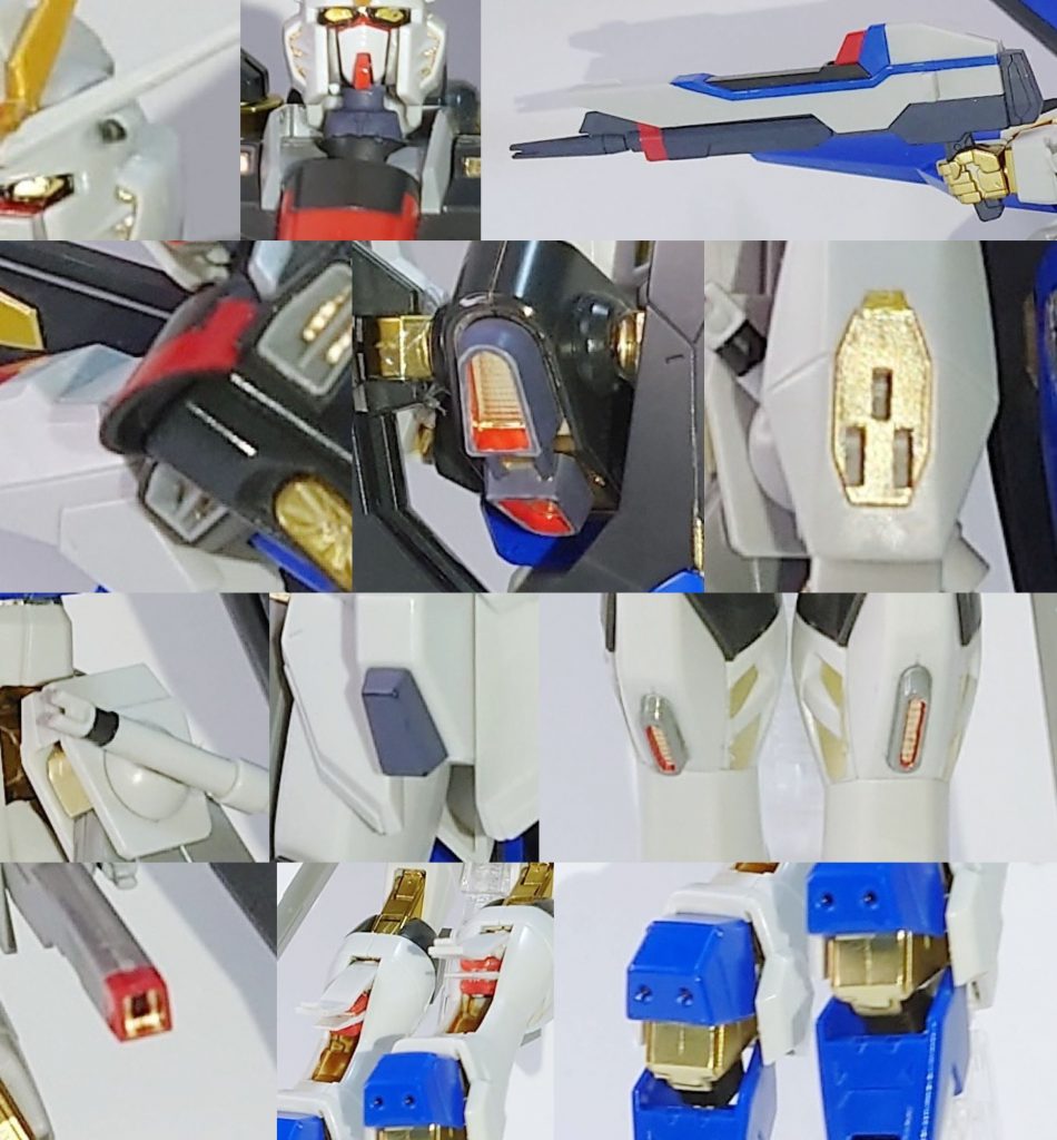 アニメ設定準拠箇所頭部バルカン、首、ライフルのグレー、胸部赤パーツの裏側、バックパックメインスラスター(壁部分)、ビームシールド発生装置内部、サーベルグリップの黒部分、フロントアーマーのグレー、膝のダクト(壁部分)、レール砲砲口内部、ふくらはぎの内部スラスター、足裏。