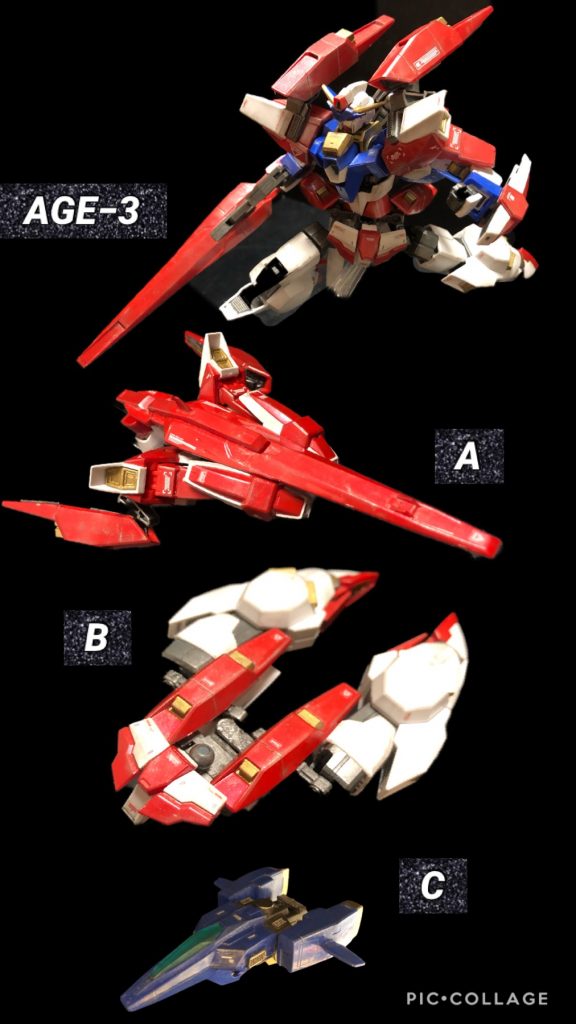 oyz「コレが基本形態。お次が組み合わせヴァリエーション。」④ A + B   Gバイパーoyz「ガンダムになるには、一度このGセプター形態になり、そして最後にコアファイターがドッキングするぞ!」⑤ A+C  トップファイターオービタル⑥ B+C   ベースファイターオービタルoyz「トップファイターは攻撃力、ベースファイターは機動力重視の形態だぞ!」⑦ A+B+C   Gファイターオービタル「全部乗っけ形態。航続距離が長いぞ。取り回しはあんまり良くなく、MS形態になるには分離後に再合体する必要があるぞ。