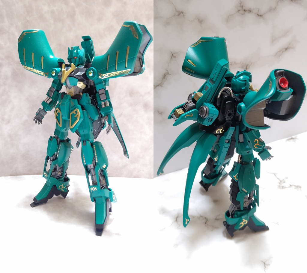 　本体部分。。δの名を冠しているが、変形機構は無く百式に近い機体である。。　スジボリを増やしたりプラ版貼ったりの工作は最低限にして、元のパーツ形状とラインを活かすように制作。。