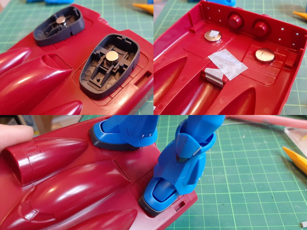 セットで作ったドダイとグフの足にはマグネットを仕込みました。逆さまにしても落ちません。