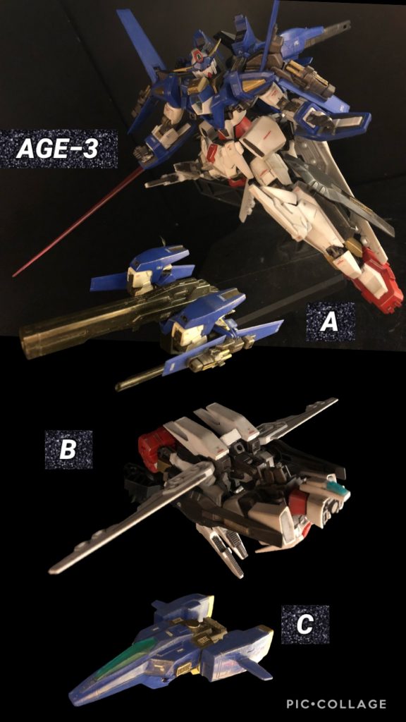 ④ A + B Gセプターoyz「ガンダムになるには、一度このGセプター形態になり、そして最後にコアファイターがドッキングするぞ!」⑤ A+C トップファイター⑥ B+C ベースファイターoyz「トップファイターは攻撃力、ベースファイターは機動力重視の形態だぞ!」⑦ A+B+C Gファイター「全部乗っけ形態。航続距離が長いぞ。取り回しはあんまり良くなく、MS形態になるには分離後に再合体する必要があるぞ。